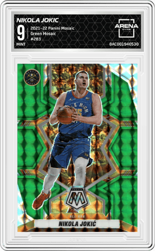 Nikola Jokic from the 2021-22 Panini Mosaic  set featuring a Green Mosaic parallel graded by Arena Club and given an overall grade of 9.