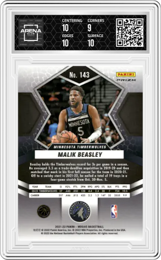 Malik Beasley from the 2021-22 Panini Mosaic  set featuring a Silver parallel graded by Arena Club and given an overall grade of 9.5.
