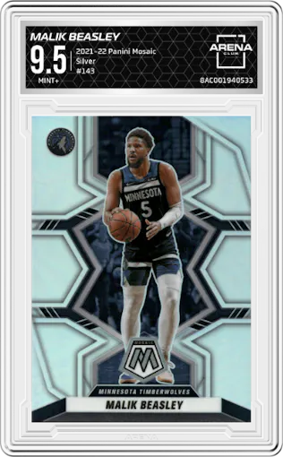 Malik Beasley from the 2021-22 Panini Mosaic  set featuring a Silver parallel graded by Arena Club and given an overall grade of 9.5.
