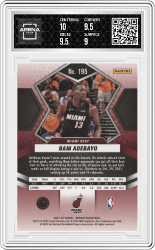 Bam Adebayo from the 2021-22 Panini Mosaic  set graded by Arena Club and given an overall grade of 9.5.
