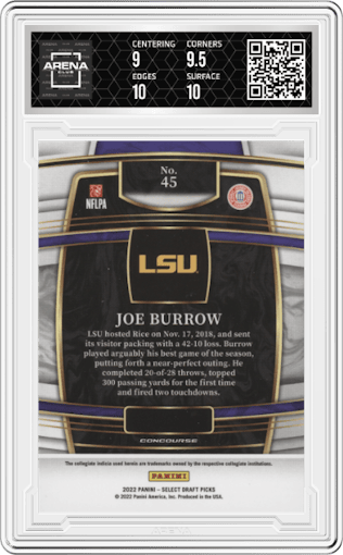 Joe Burrow from the 2022 Panini Select Draft Picks set featuring a Blue Retail parallel graded by Arena Club and given an overall grade of 9.5.