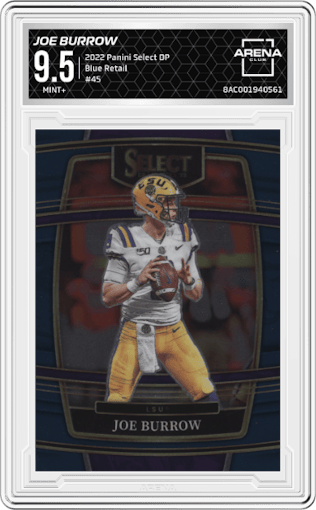 Joe Burrow from the 2022 Panini Select Draft Picks set featuring a Blue Retail parallel graded by Arena Club and given an overall grade of 9.5.