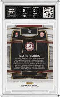 Najee Harris  from the 2022 Panini Select Draft Picks set featuring a Blue Retail parallel graded by Arena Club and given an overall grade of 9.5.