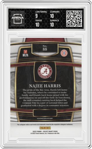 Najee Harris  from the 2022 Panini Select Draft Picks set featuring a Blue Retail parallel graded by Arena Club and given an overall grade of 9.5.