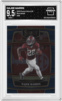 Najee Harris  from the 2022 Panini Select Draft Picks set featuring a Blue Retail parallel graded by Arena Club and given an overall grade of 9.5.