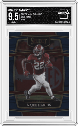 Najee Harris  from the 2022 Panini Select Draft Picks set featuring a Blue Retail parallel graded by Arena Club and given an overall grade of 9.5.