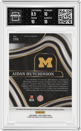 Aidan Hutchinson from the 2022 Panini Select Draft Picks set featuring a Blue Retail parallel graded by Arena Club and given an overall grade of 9.