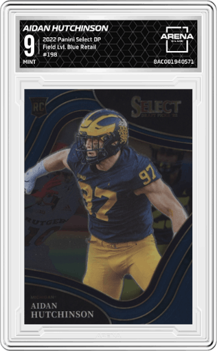 Aidan Hutchinson from the 2022 Panini Select Draft Picks set featuring a Blue Retail parallel graded by Arena Club and given an overall grade of 9.
