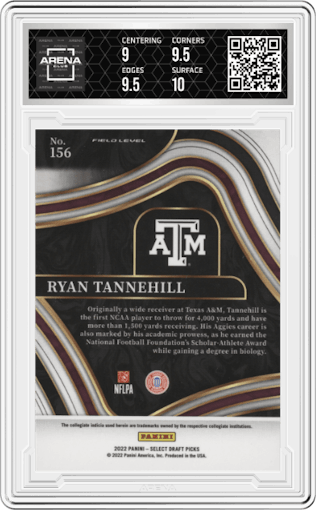 Ryan Tannehill from the 2022 Panini Select Draft Picks set featuring a Blue Retail parallel graded by Arena Club and given an overall grade of 9.5.