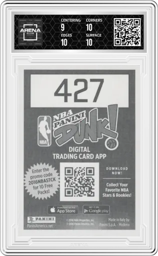 Lebron James from the 2016-17 Panini NBA Stickers set graded by Arena Club and given an overall grade of 9.5.