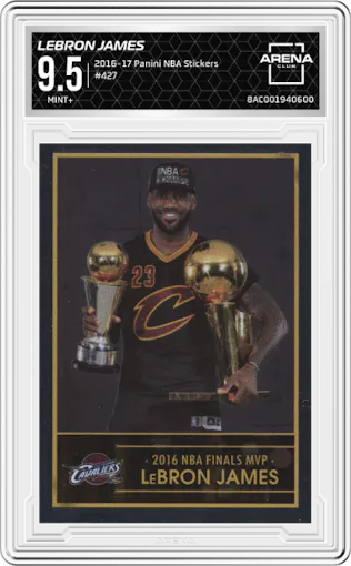 Lebron James from the 2016-17 Panini NBA Stickers set graded by Arena Club and given an overall grade of 9.5.