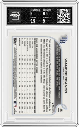 Wander Franco from the 2022 Topps Chrome set graded by Arena Club and given an overall grade of 9.5.