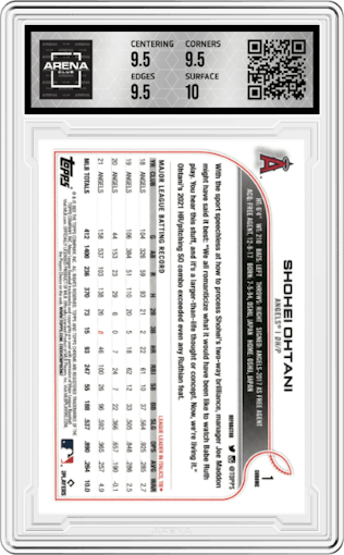 Shohei Ohtani from the 2022 Topps Chrome set featuring a Refractor parallel graded by Arena Club and given an overall grade of 10.