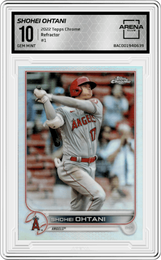 Shohei Ohtani from the 2022 Topps Chrome set featuring a Refractor parallel graded by Arena Club and given an overall grade of 10.