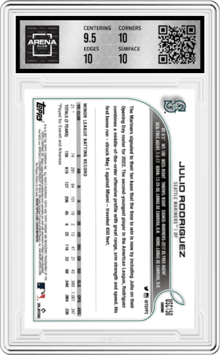 Julio Rodriguez from the 2022 Topps Chrome Update set featuring a Purple Refractor parallel graded by Arena Club and given an overall grade of 10.