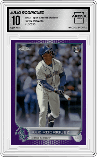 Julio Rodriguez from the 2022 Topps Chrome Update set featuring a Purple Refractor parallel graded by Arena Club and given an overall grade of 10.