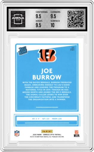 Joe Burrow from the 2020 Panini Donruss Optic set graded by Arena Club and given an overall grade of 10.