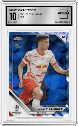 Sidney Raebiger from the 2021-22 Topps Chrome Sapphire Edition UEFA Champions League set graded by Arena Club and given an overall grade of 10.