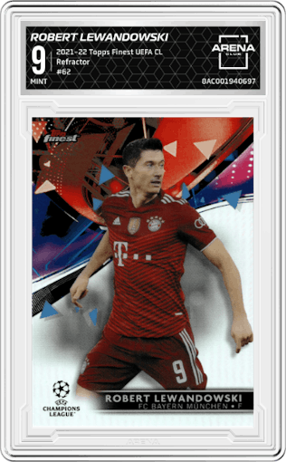 Robert Lewandowski from the 2021-22 Topps Finest UEFA Champions League set featuring a Refractor parallel graded by Arena Club and given an overall grade of 9.