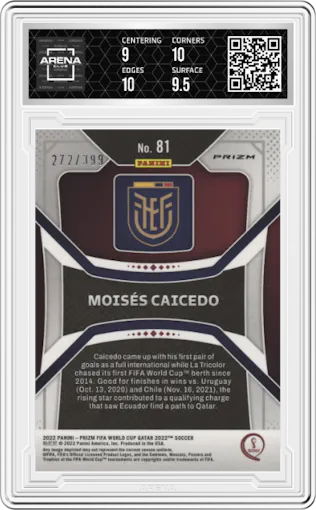 Moises Caicedo from the 2022 Panini Prizm FIFA WC Qatar set featuring a Red Prizm parallel graded by Arena Club and given an overall grade of 9.5.