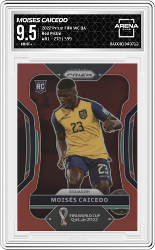 Moises Caicedo from the 2022 Panini Prizm FIFA WC Qatar set featuring a Red Prizm parallel graded by Arena Club and given an overall grade of 9.5.