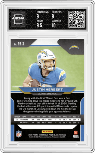 Justin Herbert from the 2020 Panini Chronicles set graded by Arena Club and given an overall grade of 9.5.