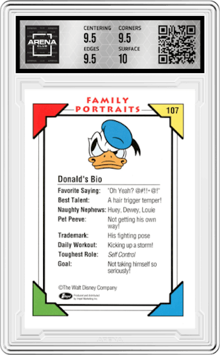 Donald's Bio from the 1991 Impel Disney set graded by Arena Club and given an overall grade of 10.