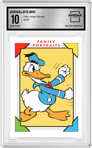 Donald's Bio from the 1991 Impel Disney set graded by Arena Club and given an overall grade of 10.