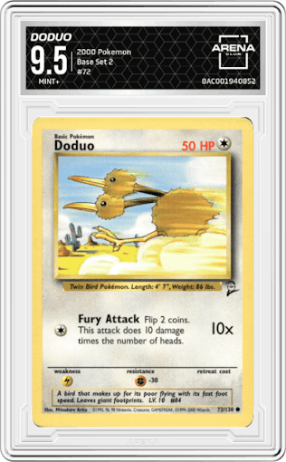 Doduo from the 2000 Pokemon set graded by Arena Club and given an overall grade of 9.5.