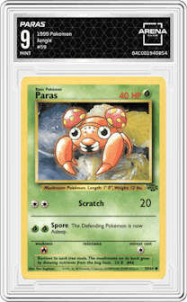 Paras from the 1999 Pokemon set graded by Arena Club and given an overall grade of 9.