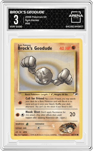 Brock's Geodude from the 2000 Pokemon GH set graded by Arena Club and given an overall grade of 3.