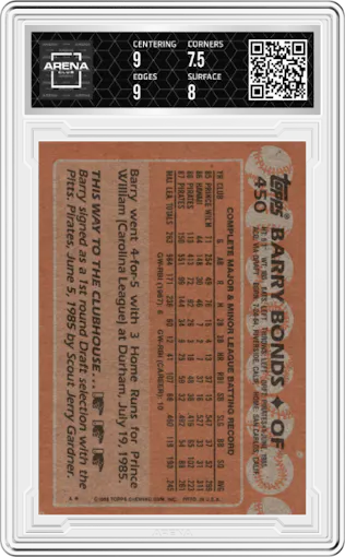 Barry Bonds from the 1988 Topps set graded by Arena Club and given an overall grade of 8.