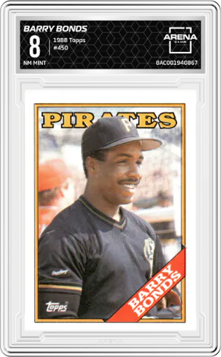 Barry Bonds from the 1988 Topps set graded by Arena Club and given an overall grade of 8.