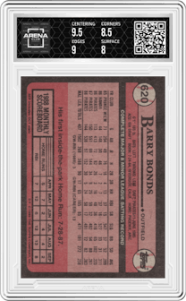 Barry Bonds from the 1989 Topps set graded by Arena Club and given an overall grade of 8.5.