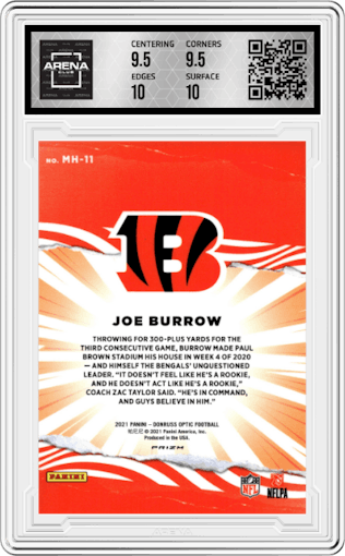  Joe Burrow  from the 2021 Panini Donruss Optic set graded by Arena Club and given an overall grade of 10.