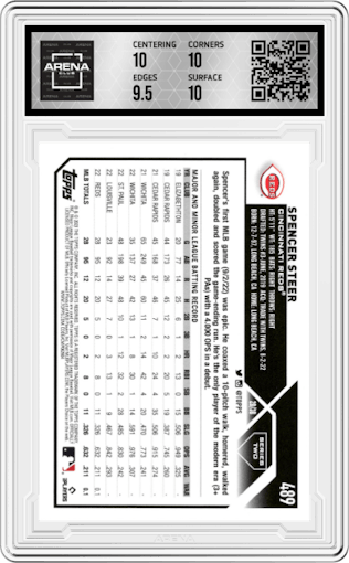 Spencer Steer from the 2023 Topps set graded by Arena Club and given an overall grade of 10.