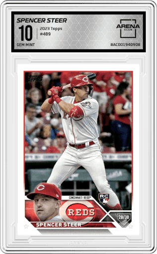 Spencer Steer from the 2023 Topps set graded by Arena Club and given an overall grade of 10.