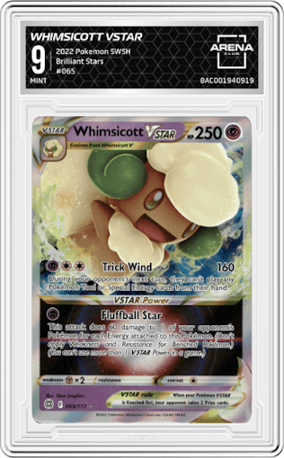 Whimsicott VSTAR from the 2022 Pokemon SWSH set graded by Arena Club and given an overall grade of 9.