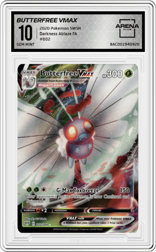 Butterfree VMAX from the 2020 Pokemon SWSH set graded by Arena Club and given an overall grade of 10.