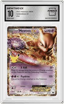 Mewtwo EX from the 2021 Pokemon SWSH set graded by Arena Club and given an overall grade of 10.