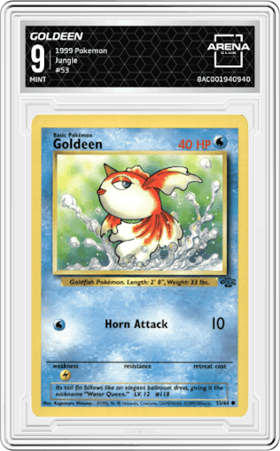 Goldeen from the 1999 Pokemon set graded by Arena Club and given an overall grade of 9.