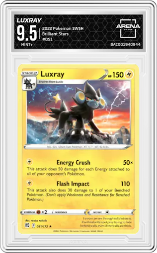 Luxray from the 2022 Pokemon SWSH set graded by Arena Club and given an overall grade of 9.5.