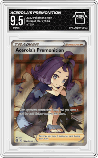 Acerola's Premonition from the 2022 Pokemon SWSH set graded by Arena Club and given an overall grade of 9.5.