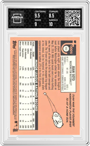 Juan Soto from the 2018 Topps Heritage High Number set graded by Arena Club and given an overall grade of 9.