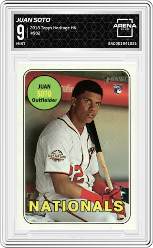 Juan Soto from the 2018 Topps Heritage High Number set graded by Arena Club and given an overall grade of 9.