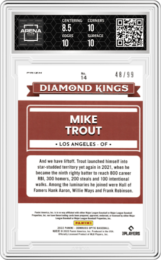 Mike Trout from the 2022 Donruss Optic set featuring a Red Pandora parallel graded by Arena Club and given an overall grade of 9.