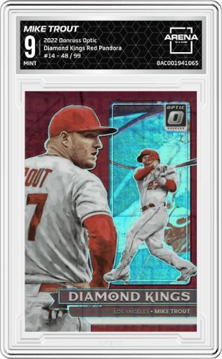 Mike Trout from the 2022 Donruss Optic set featuring a Red Pandora parallel graded by Arena Club and given an overall grade of 9.
