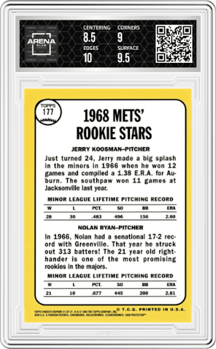 Jerry Koosman/Nolan Ryan from the 1999 Topps set graded by Arena Club and given an overall grade of 9.
