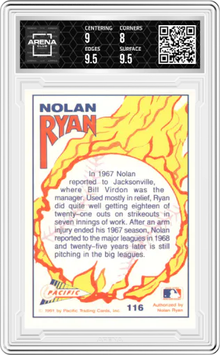 Nolan Ryan from the 1992 Pacific Nolan Ryan Texas Express II set graded by Arena Club and given an overall grade of 8.5.