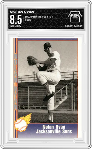 Nolan Ryan from the 1992 Pacific Nolan Ryan Texas Express II set graded by Arena Club and given an overall grade of 8.5.